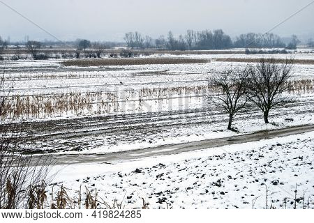 Winter Panorama Of The Jadar River Valley In Western Serbia Near The Town Of Loznica.