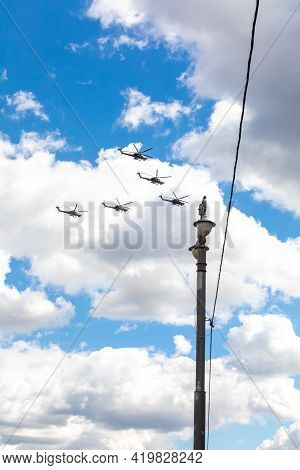 May 7, 2021, Moscow, Russia. A Group Of Mi-28h Night Hunter Combat Helicopters Are Rehearsal For The