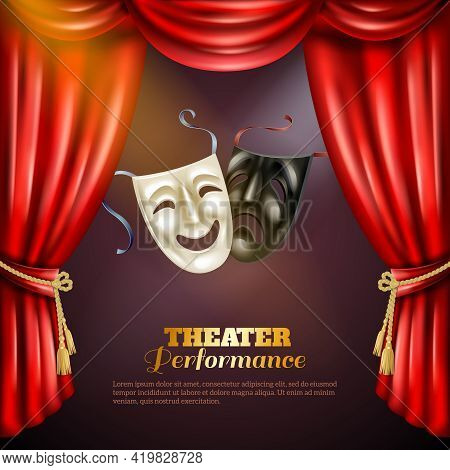 Theatre Performance Realistic Background With Comedy And Tragedy Masks Vector Illustration