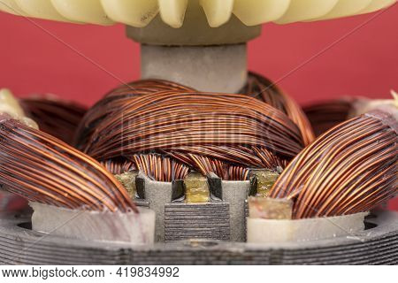 Cooling Impeller On Electric Motor Close Up. Electric Motor Rotor.