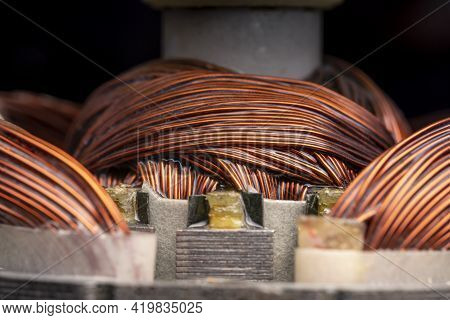 Rotor And Stator Of An Electric Motor Close Up. Copper Motor Windings.