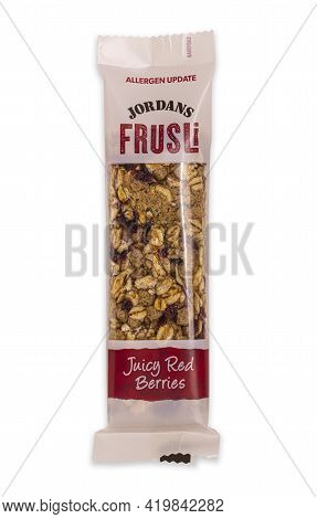 Swindon, Uk - May 7, 2021: Jordans Juicy Red Berries Frusli Bar On A White Background