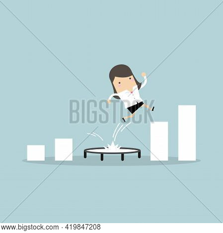 Businesswoman Jumping From Trampoline Back To Top Of Growing Bar Graph.