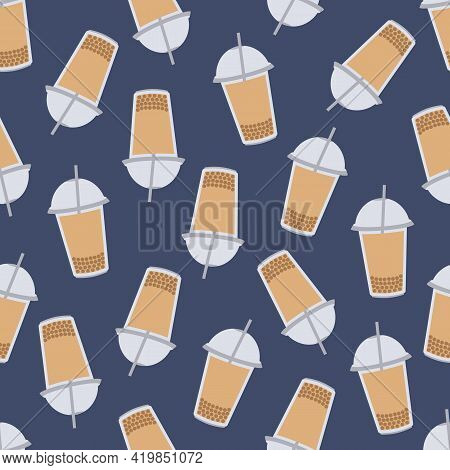 Seamless Vector Pattern With Bubble Milk Tea.