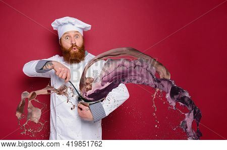 Chef Is Surprised About A New Recipe. Burgundy Background