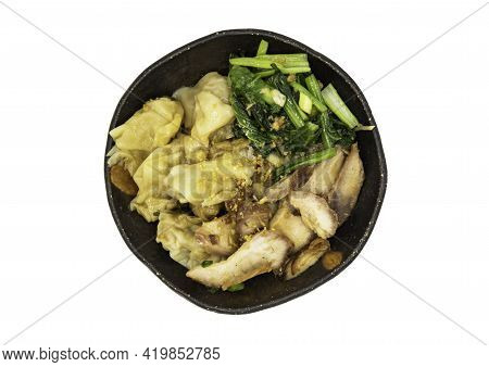 Pork Wonton Or Pork Dumplings With Roasted Pork And Cantonese Vegetables In Plate Isolated On White 