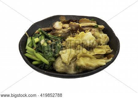 Pork Wonton Or Pork Dumplings With Roasted Pork And Cantonese Vegetables In Plate Isolated On White 