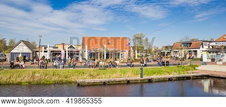 Eernewoude, Netherlands - April 27, 2021: Panorama Of People Enjoying The Sun In The Center Of Eerne