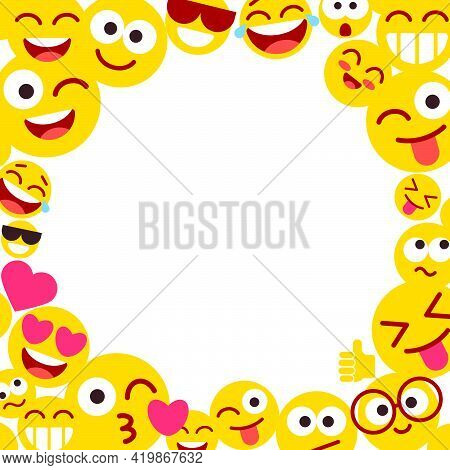 Photo Frame With Funny Smileys. Emoticons And Empty Blank Space For Text. Set Of Emoji With Differen