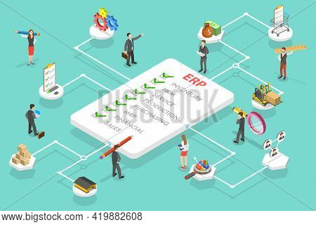 3d Isometric Flat Vector Conceptual Illustration Of Erp - Enterprise Resource Planning, Business Aut