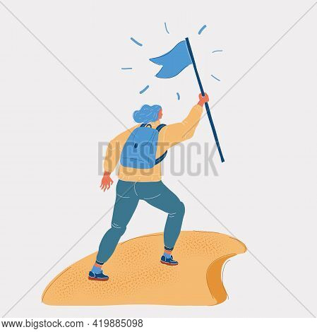 Vector Illustration Of Successfull Woman Achieved Flag On The Top Of Mountain. Celebrating Business 