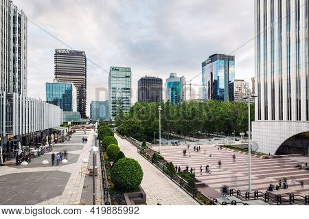 Madrid - May 1, 2021: Wide-angle View Of Azca Business And Financial District In Madrid At Dusk, Spa