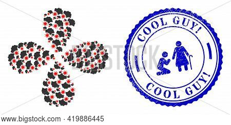 Coronavirus Mad Man Centrifugal Flower With Four Petals, And Blue Round Cool Guy Exclamation. Dirty 