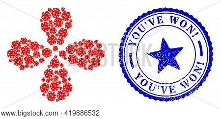 Dice Cube Rotation Flower With Four Petals, And Blue Round Youve Won Exclamation. Textured Stamp Imi