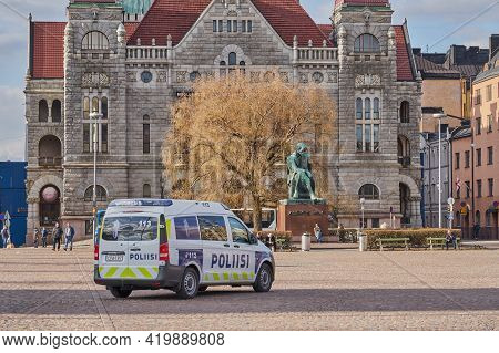 Helsinki, Finland - April 30, 2021: A Police Car At Helsinki Railway Station Square.