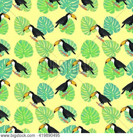 Toucan. Tropical Bird. Monstera Leaves. Seamless Pattern With Toucans And Exotic Leaves. Stock Vecto