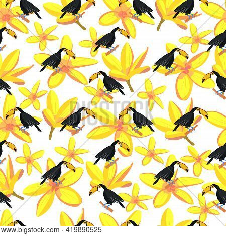 Toucan. Tropical Bird. Seamless Pattern With Toucans And Yellow Exotic Flowers. Stock Vector Illustr
