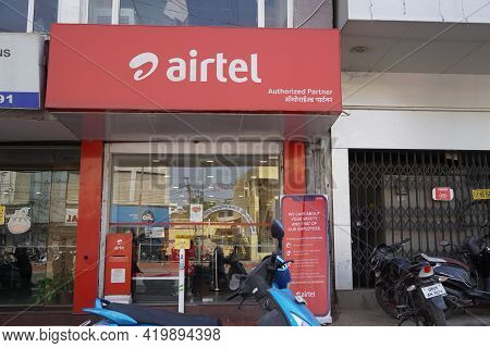 Bharti Airtel Shop Front. Airtel Distributor Storefront. Udaipur India - May 2020 Sda