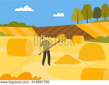 Man Farmer In Straw Hat Holding Pitchfork Gathering Hay In Stack Vector Illustration