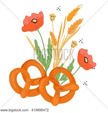 Soft Pretzels Grouped With Cereal Ears And Poppy Flowers, Flat Vector Illustration Isolated On White