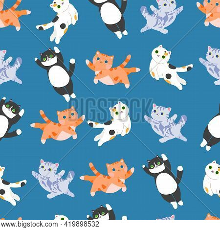Cats. Seamless Pattern With Kittens. Tricolor, Striped And Red Cats. Tabby Cat. Stock Vector Seamles