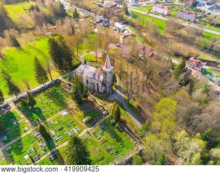 Church Of Saint Peter And Paul In Horni Tanvald, Czech Republic . Aerial View From Drone.