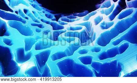 3d Render. Fantastical Festive Blue Bg. Stylish Abstract Background, Waves On Glossy Surface Like La
