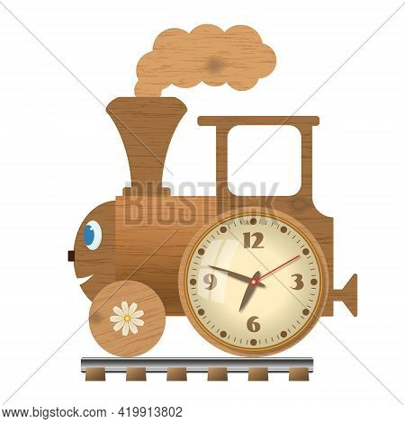 Table Clock For Children. Toy Steam Locomotive Made Of Wood. Isolated Background. Vector Illustratio