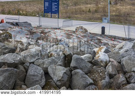 Close Up View Of Construction Imploding Works On Rocky Terrain. Enkoping. Sweden. 05.10.2021.