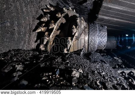 Shearer Drill Head In A Coal Mine. Extraction Of Coal By Underground Method.
