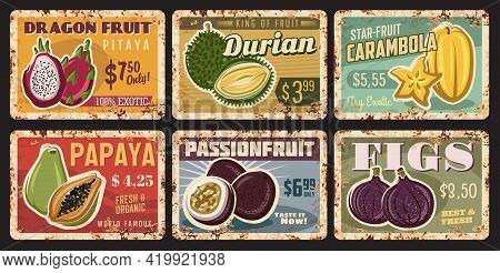 Tropical Fruits Rusty Metal Plates, Vector Vintage Rust Tin Signs With Ripe Exotic Fruits. Fresh And