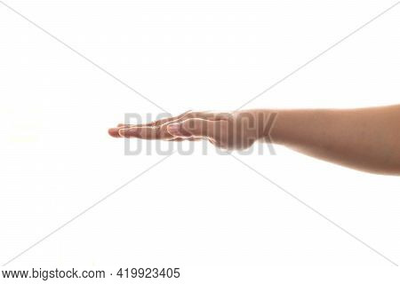 Person Hand In Straight Push Down Or Hold Gesture, Side View, Iolated On White