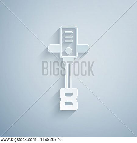 Paper Cut Electrical Hand Concrete Mixer Icon Isolated On Grey Background. Handheld Electric Cement 