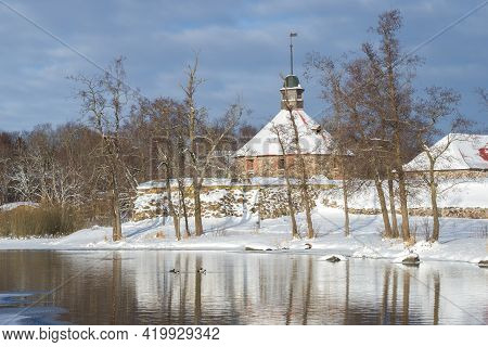Round Tower Of Lars Torstensson (pugachevskaya) In Winter Landscape On February Afternoon. The Ancie