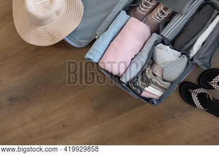 Top View Suitcase Baggage Packing Organization Use Konmari Method Frame Empty Space Trip Vacation
