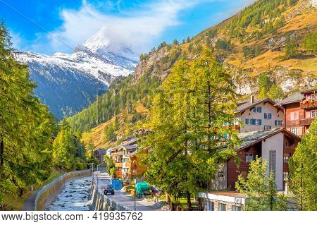 Zermatt, Switzerland Street View In Famous Swiss Alps Ski Resort, River, Snow Matterhorn