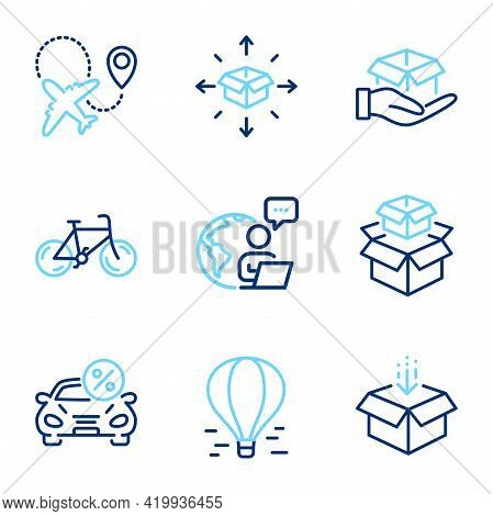 Transportation Icons Set. Included Icon As Airplane, Car Leasing, Air Balloon Signs. Hold Box, Bicyc