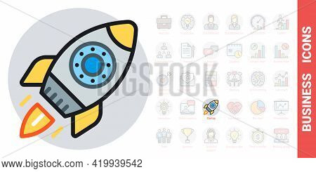 Startup Or Start-up Launch Icon. A Rocket With A Jet Engine Takes Off From The Cosmodrome. Simple Co