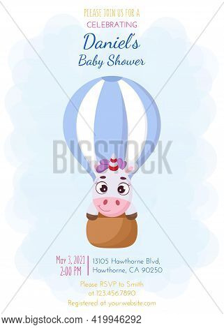 Baby Shower Invitation Card Template With Cute Magic Unicorn Flying On Hot Air Balloon. Funny Magic 