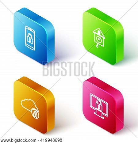 Set Isometric Line Smartphone With Lock, Retro Wall Watch, Cloud Computing And Lock Monitor Icon. Ve
