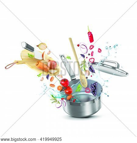 Recipe For Vegetable Broth, Soup, Vegetable Stew. 3d Realistic Vector Composition. Splash Of Water I