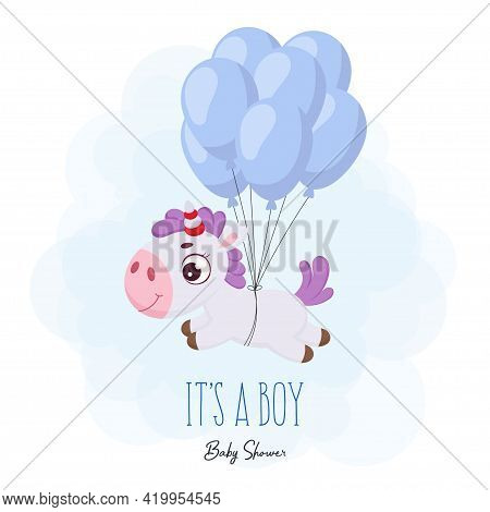 Baby Shower Greeting Card With Cute Magical Unicorn Flying On Balloons. Funny Magic Unicorn Cartoon 