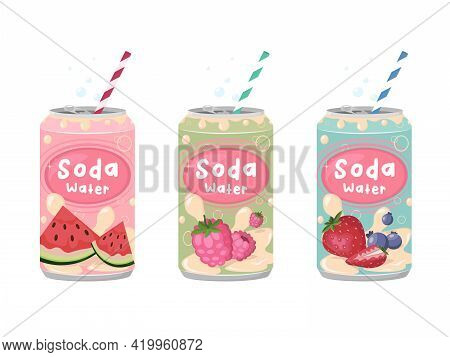 Various Tasty Soda Beverages Set. Drinks In Aluminum Cans. Carbonated Water With Different Fruit Fla