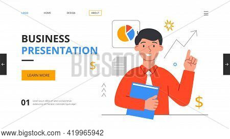Design Template With Young Male Business Character Manager Or Bookkeeper. Annual Report, Financial A