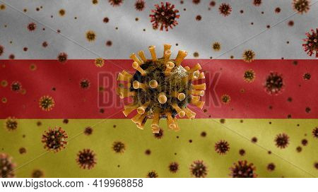 3D, Ossetian Flag Waving With Coronavirus Outbreak. South Ossetia Covid 19