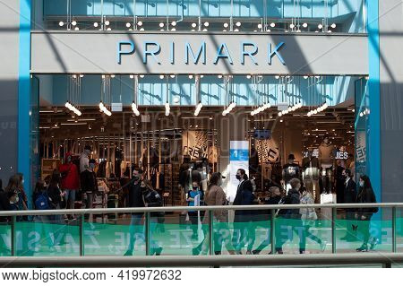 Poland, Poznan - May 08, 2021: Sign Primark. Company Signboard Primark. Shopping Center.