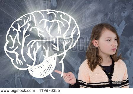 Girl Meditating And Pointing Finger At Cartoon Brain.