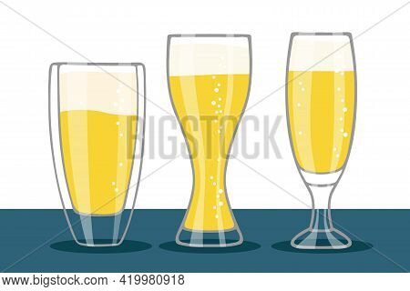Set Of Beer Glasses Isolated On Table. Three Different Forms Glasses Of Beer With Foam And Bubbles. 