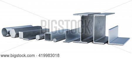 Lined Up Various Aluminium And Metal Profiles, Shapes And Tubes, 3d Illustration