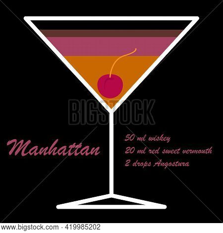 Alcoholic Cocktail Manhattan Template With Recipe. Vector Illustration. Isolated.